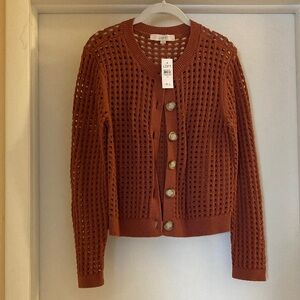 LOFT Rust Open-Weave Button Front Cardigan